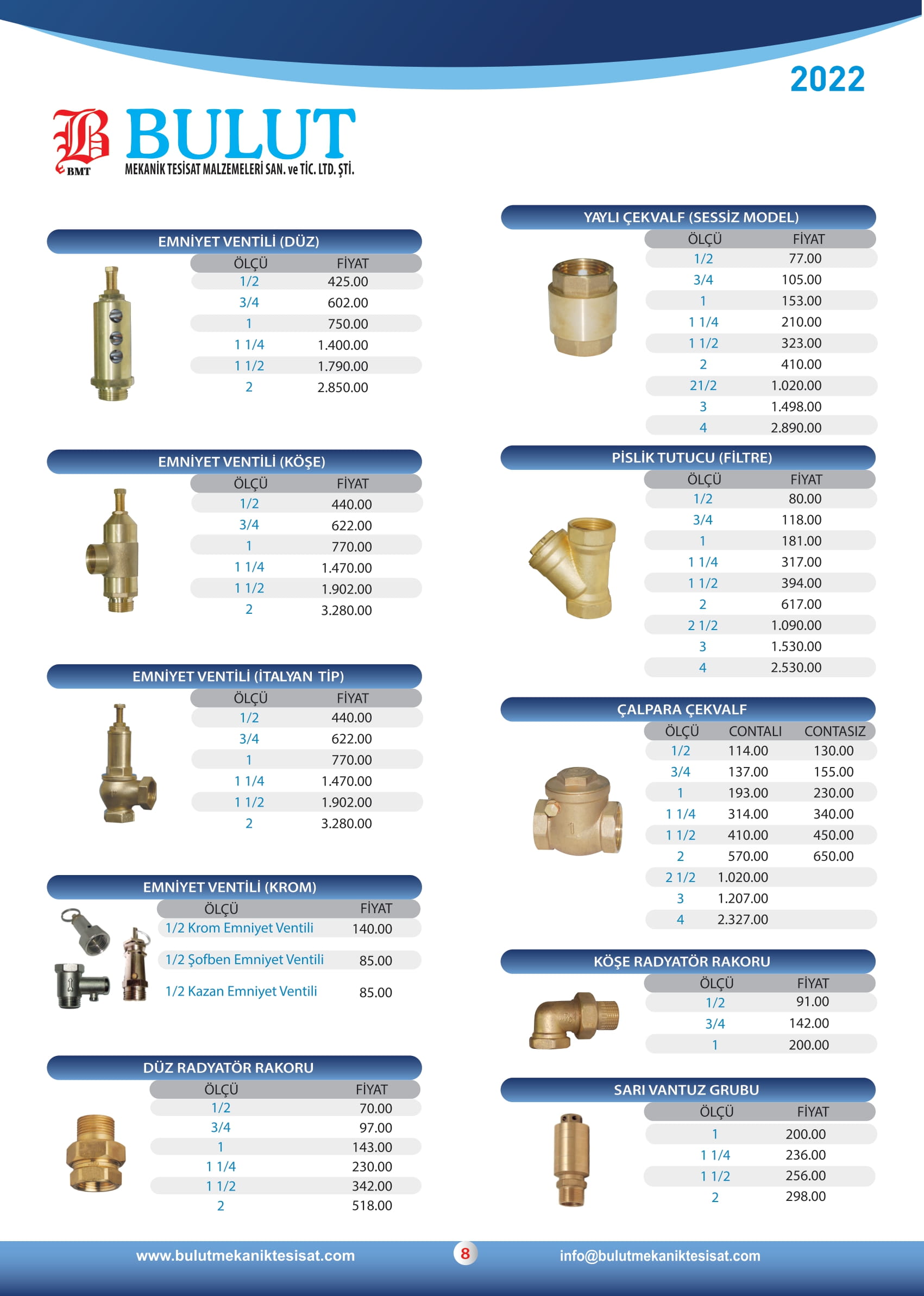 Emniyet Ventilleri ve Çekvalf Fiyat Listesi